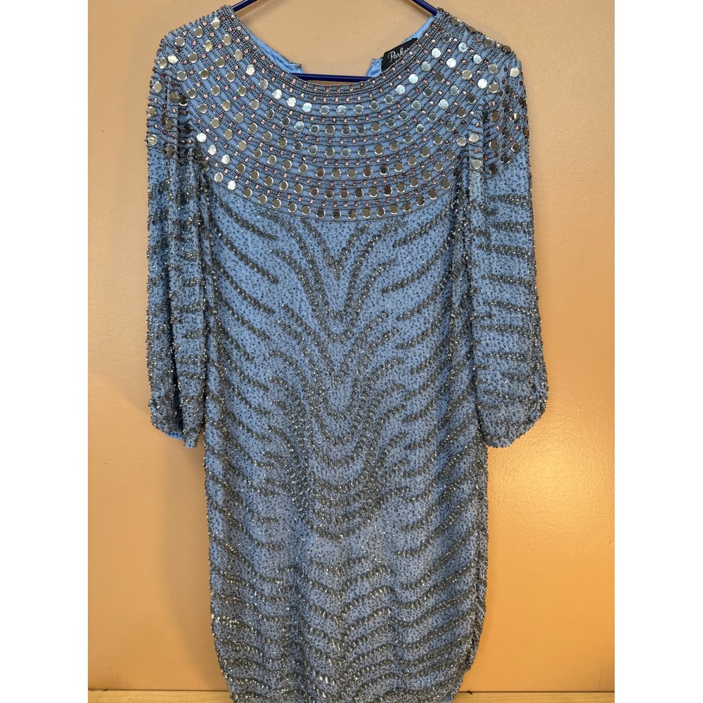 Parker Black Light Blue Beaded Sequin Shift Cocktail Dress 3/4 Sleeve Mini